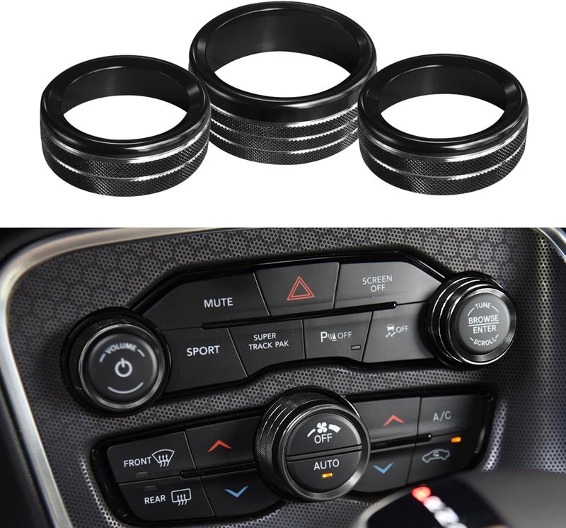 DWARFOO 3PCS AC Air Conditioner Switch Button Knob Cover, Radio Volume Control Knob Decals, A/C Decal Trim Rings, Auto Interior Decor Accessories for Challenger Durango 2015-2022 (Black) - Image 1